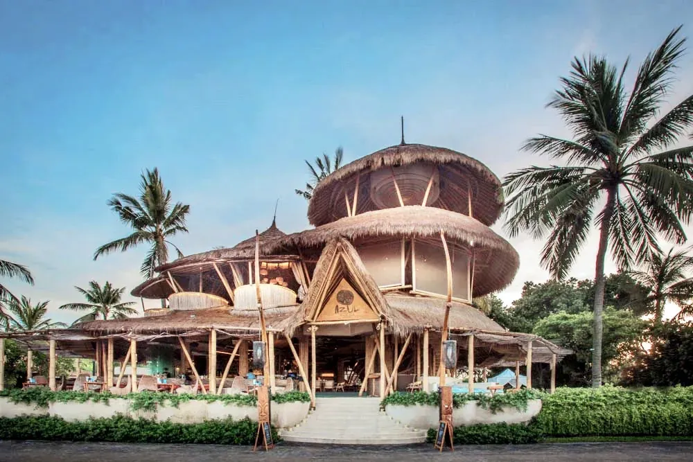 The multi-tiered bamboo and thatch building of Azul Beach Club in Legian, home of the Sunday afternoon social