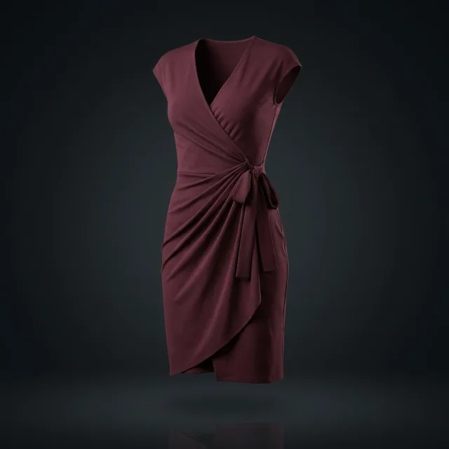 Burgundy cap sleeve wrap dress with side tie displayed on an invisible mannequin against a dark studio backdrop