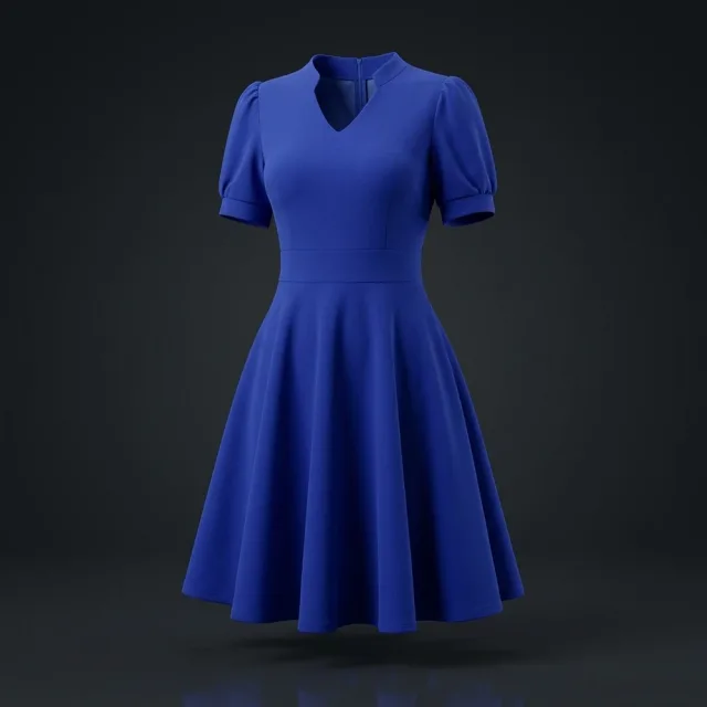 Royal blue fit and flare dress with puff sleeves displayed on an invisible mannequin against a dark studio backdrop