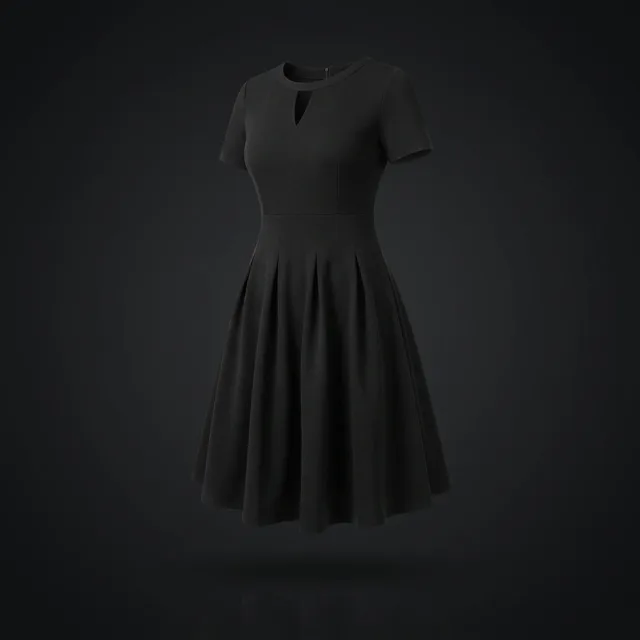 Black knee-length A-line swing dress with keyhole neckline displayed on an invisible mannequin against a dark studio backdrop